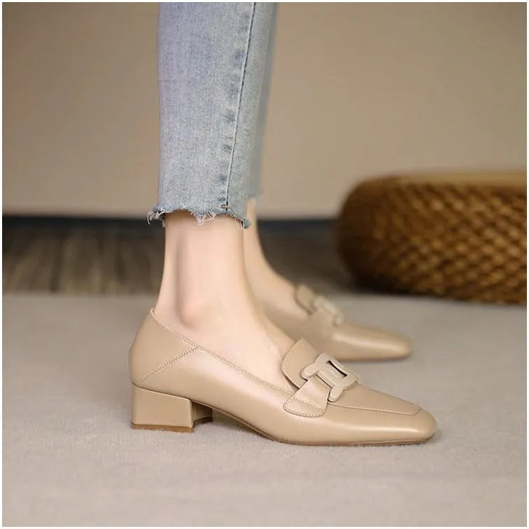 British style chunky heel pumps women's loafer square toe solid colour microfiber lining