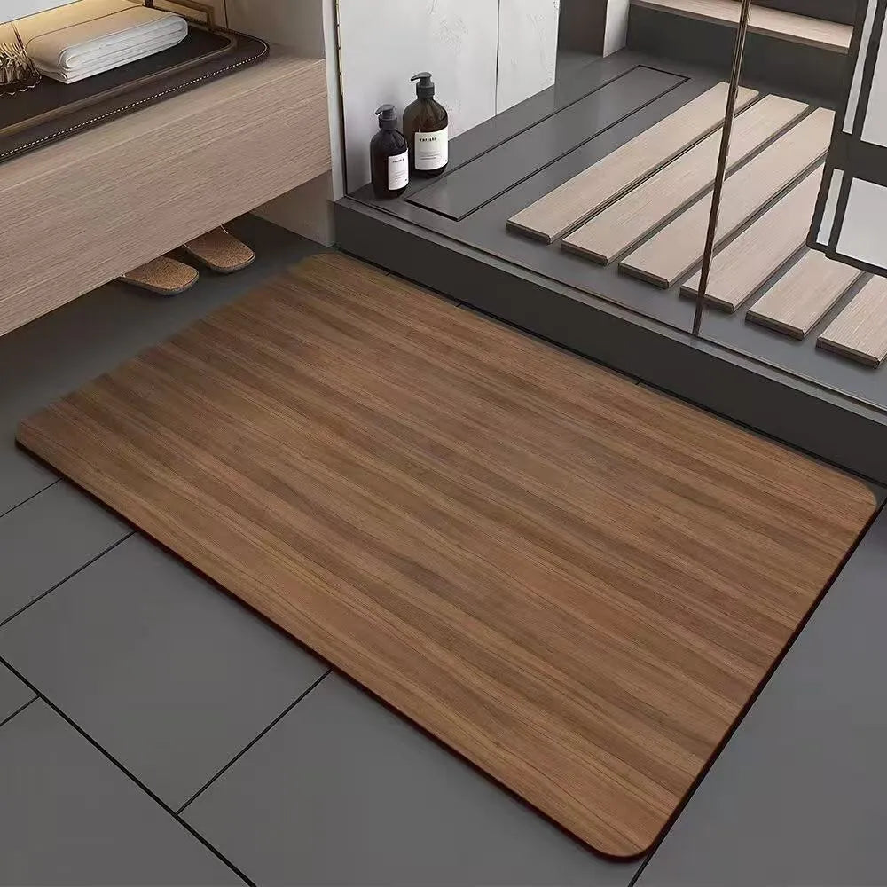 American style square diatom ooze floor mat with wood grain geometric pattern, shown in a bathroom setting.