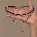 Women's adjustable multi-layer twin necklace set with artificial crystal heart pendants on leather and alloy chains