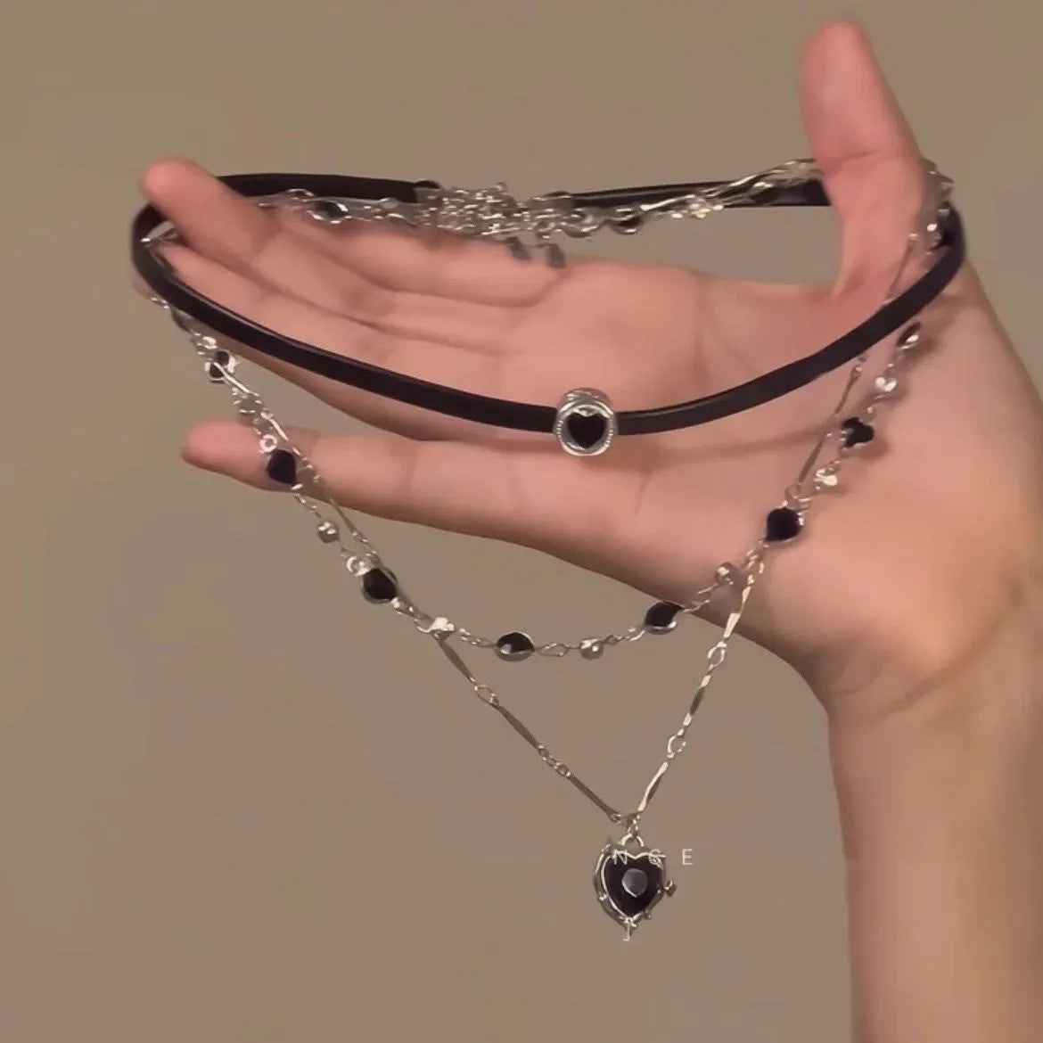 Women's adjustable multi-layer twin necklace set with artificial crystal heart pendants on leather and alloy chains