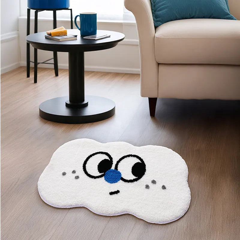 Cartoon big eye clouds patterned bathroom mat in imitation cashmere polyester, shown in bubur little green colour.