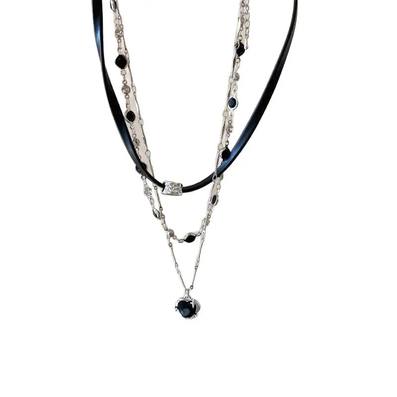 Women's adjustable multi-layer twin necklace set with artificial crystal heart pendants on leather and alloy chains