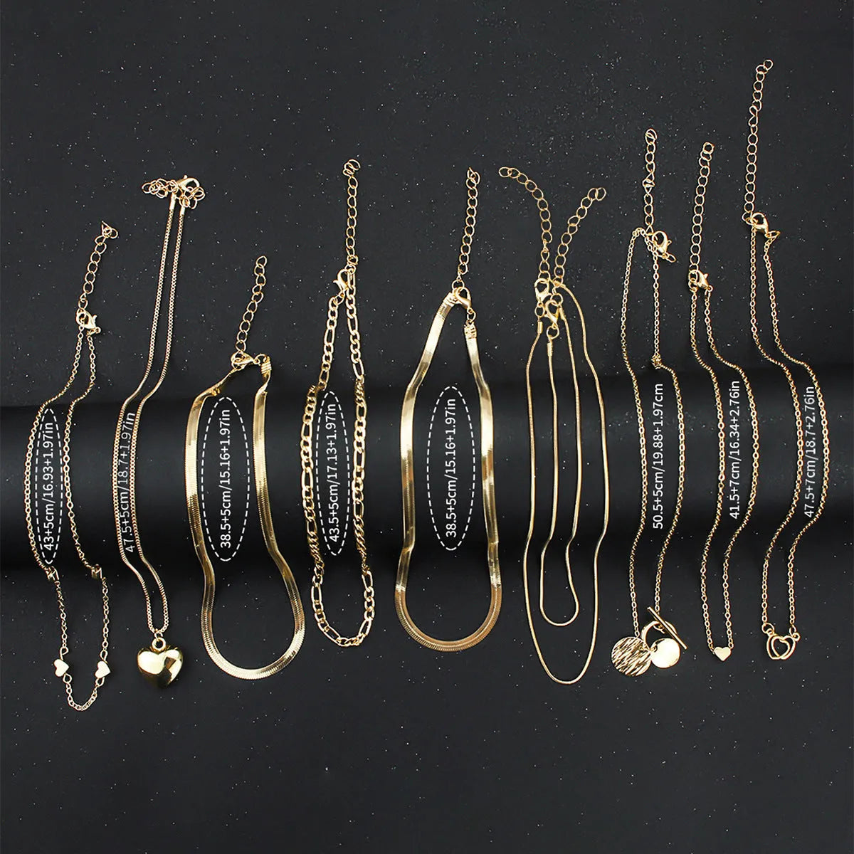 Gold electroplated women's necklace set with 10 pieces and adjustable 21-50cm length