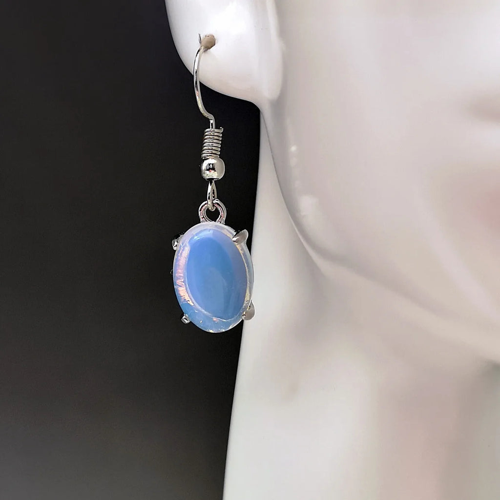 Moonlight White opal earrings with electroplated alloy construction in drop shape design