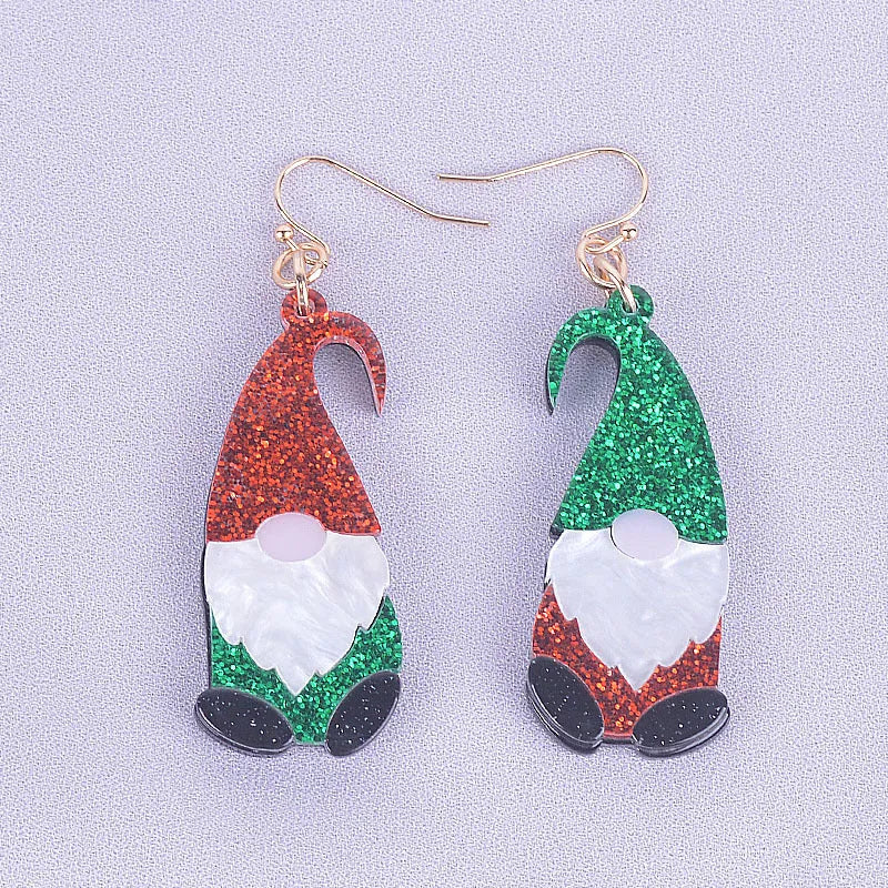 Santa Claus character acrylic earrings in green, red, and red-green hat colour variations