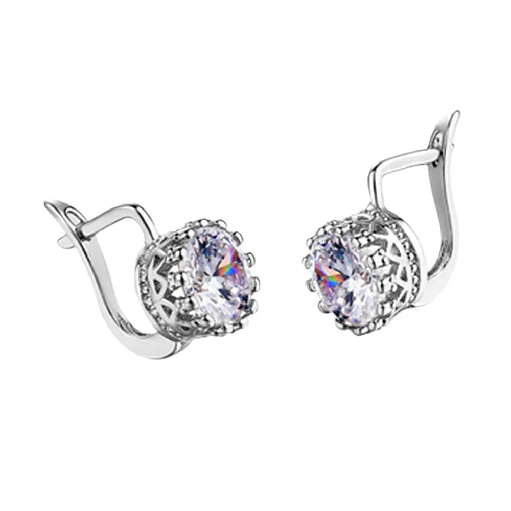 Korean retro style crown-shaped copper ear clips with studs, shown in rose gold and white gold colour options.