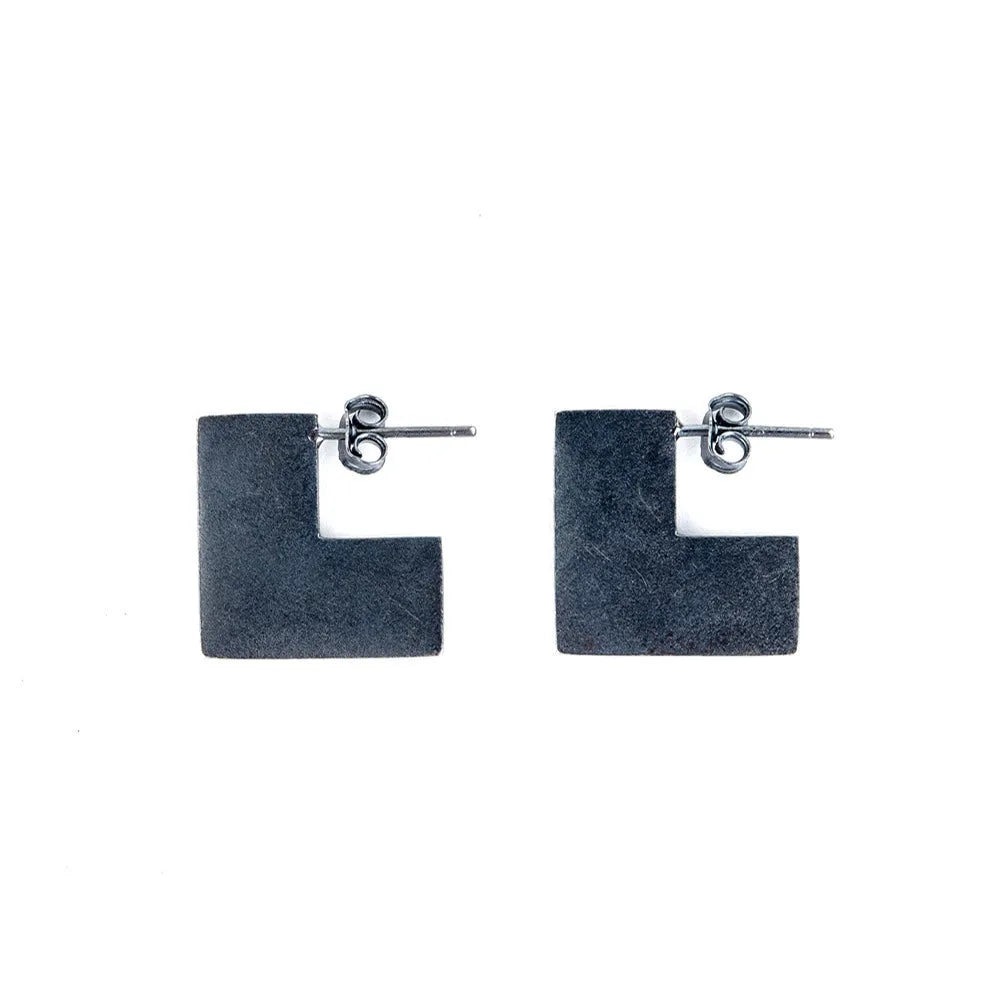 Oxidised black geometric square ring sterling silver earrings on a 16mm hoop.