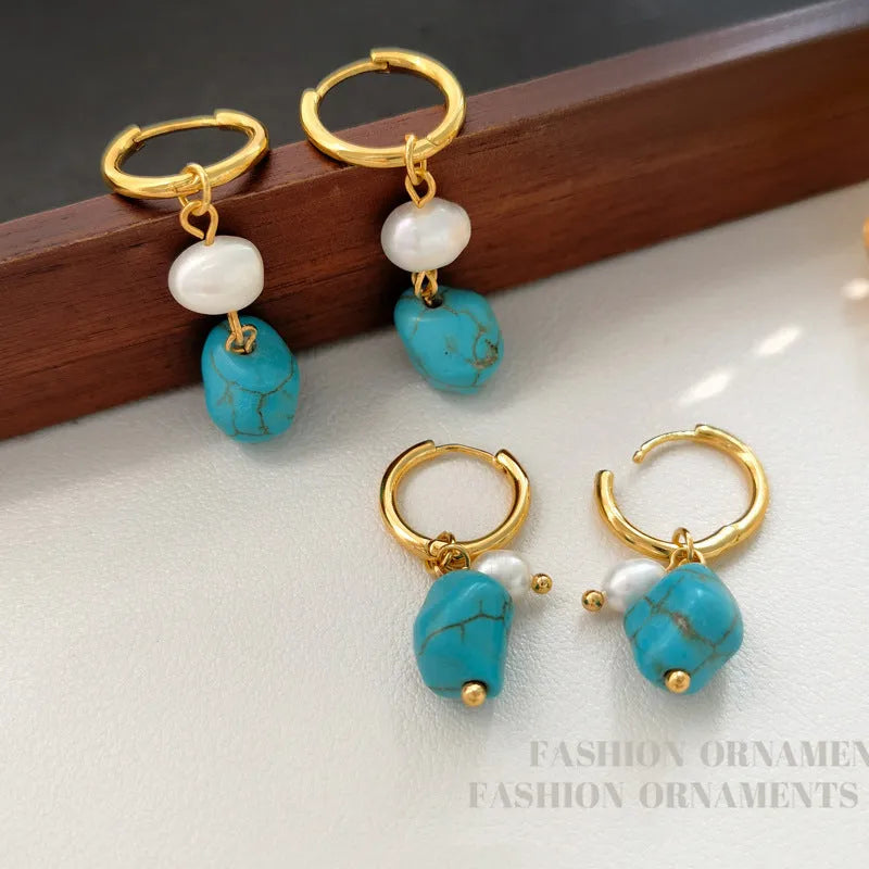 Geometric copper ear clip earrings with irregular turquoise stones and cultured pearls in long and short styles