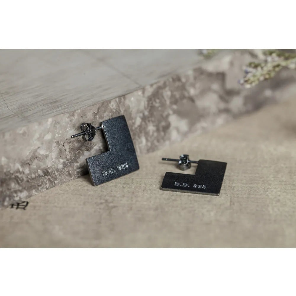 Oxidised black geometric square ring sterling silver earrings on a 16mm hoop.