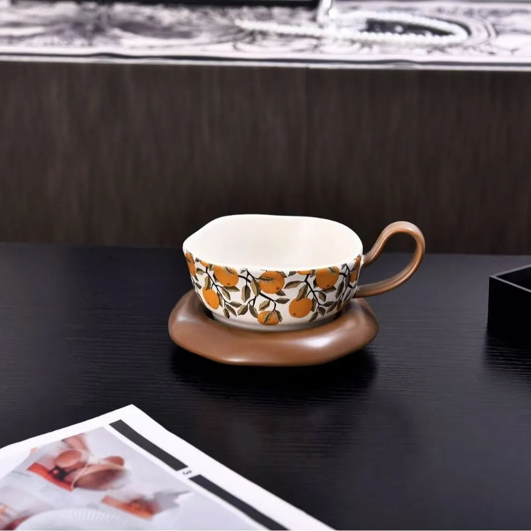 Antique style ceramic coffee cup and saucer set with 210ml capacity in retro Medieval colours