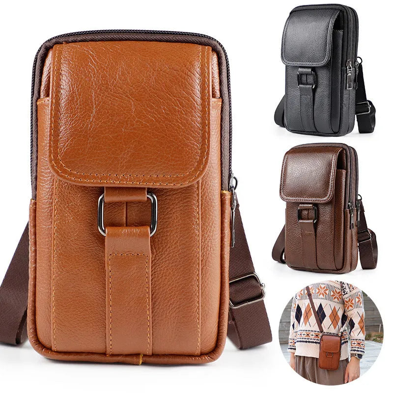 Men's black genuine leather waist bag with square shape, lock, and crossbody strap