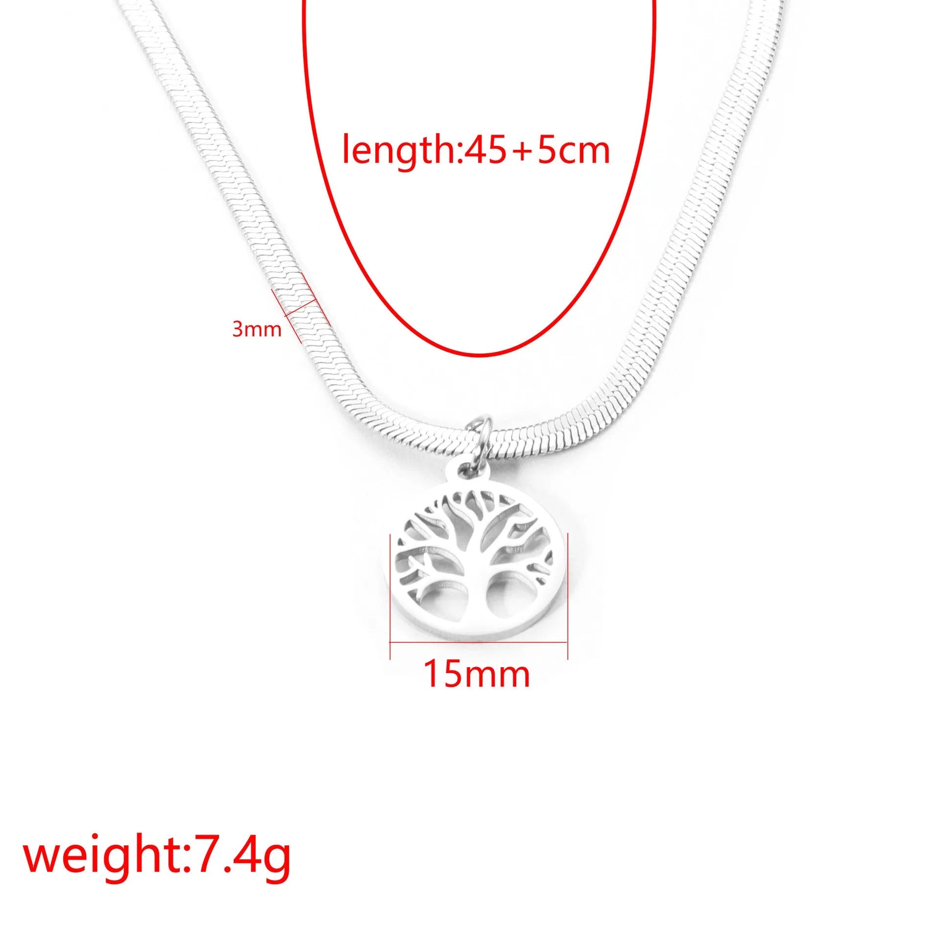 Stainless steel necklace with tree pendant on adjustable snake chain in gold and steel colours.