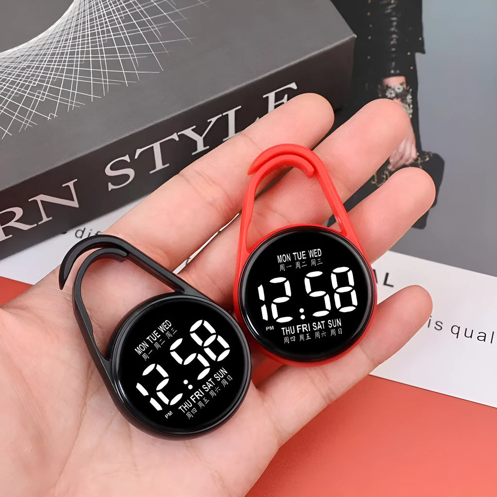 LED digital watch with week display on a plastic strap, shown in multiple colour options.