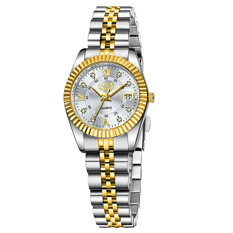 Ladies waterproof quartz fashion watch with slim 10mm profile in gold and silver colour options