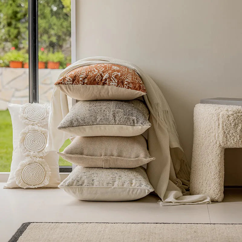 Coreless red brown and solid colour sofa cushion with PP cotton filler on a living room sofa.