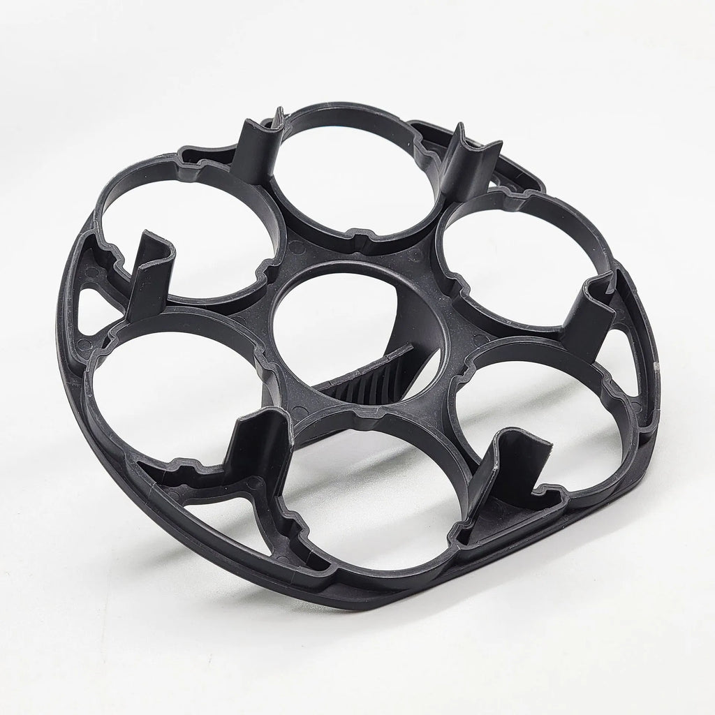 Black plastic egg holder measuring 13.8cm with retainer function for cooking machine storage