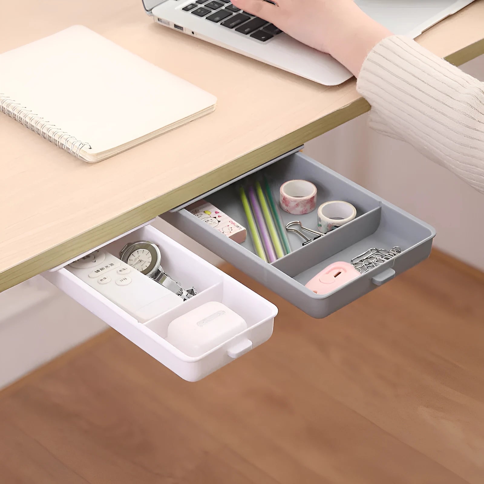 Small plastic under-table storage box with covered grid design in solid colour options for desk organization