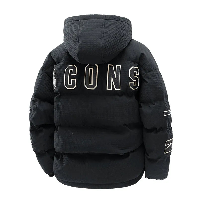 Men's black Korean-style hooded winter coat with letter-print detail and side pockets.