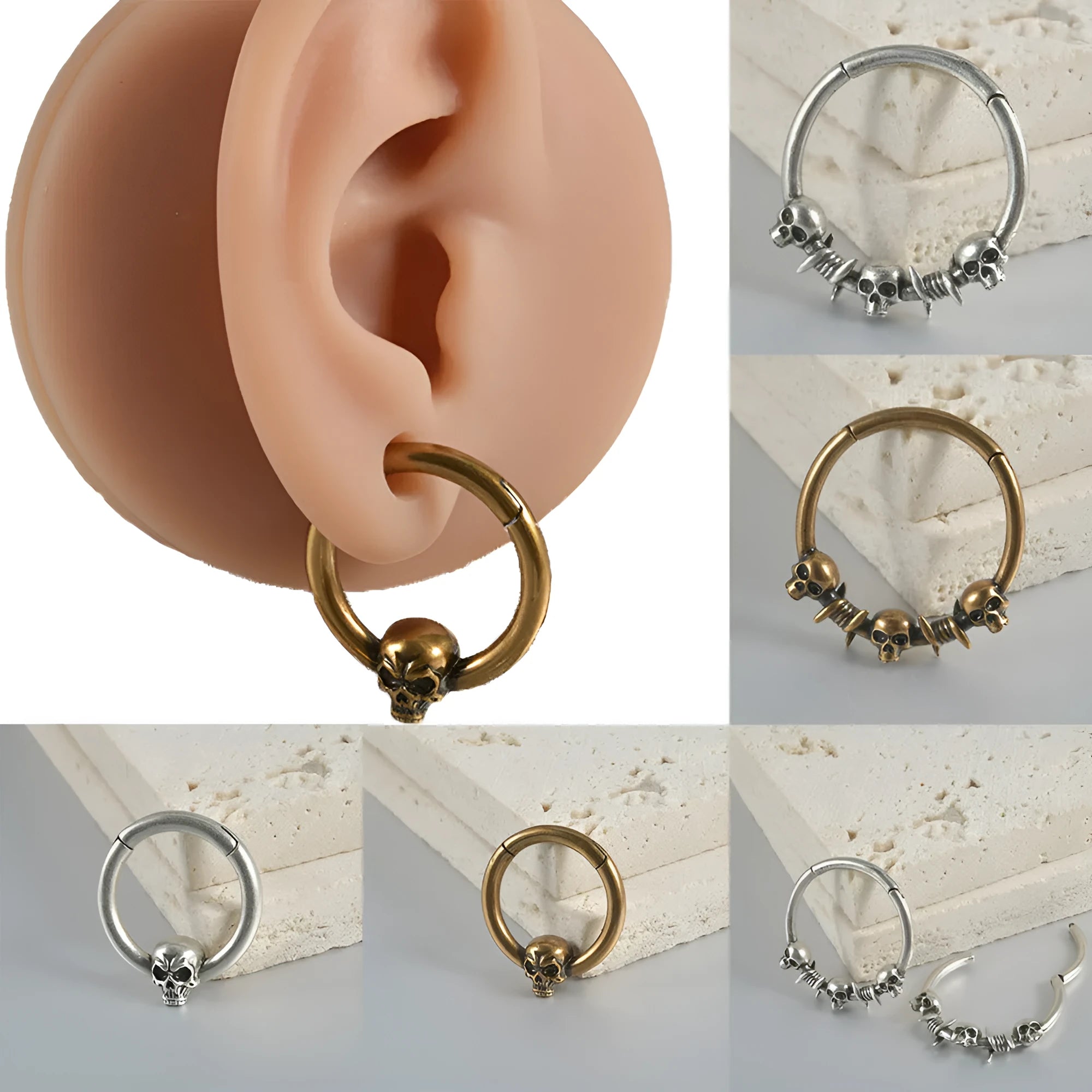 Copper punk earrings with ghost head design in antique silver and gold finishes