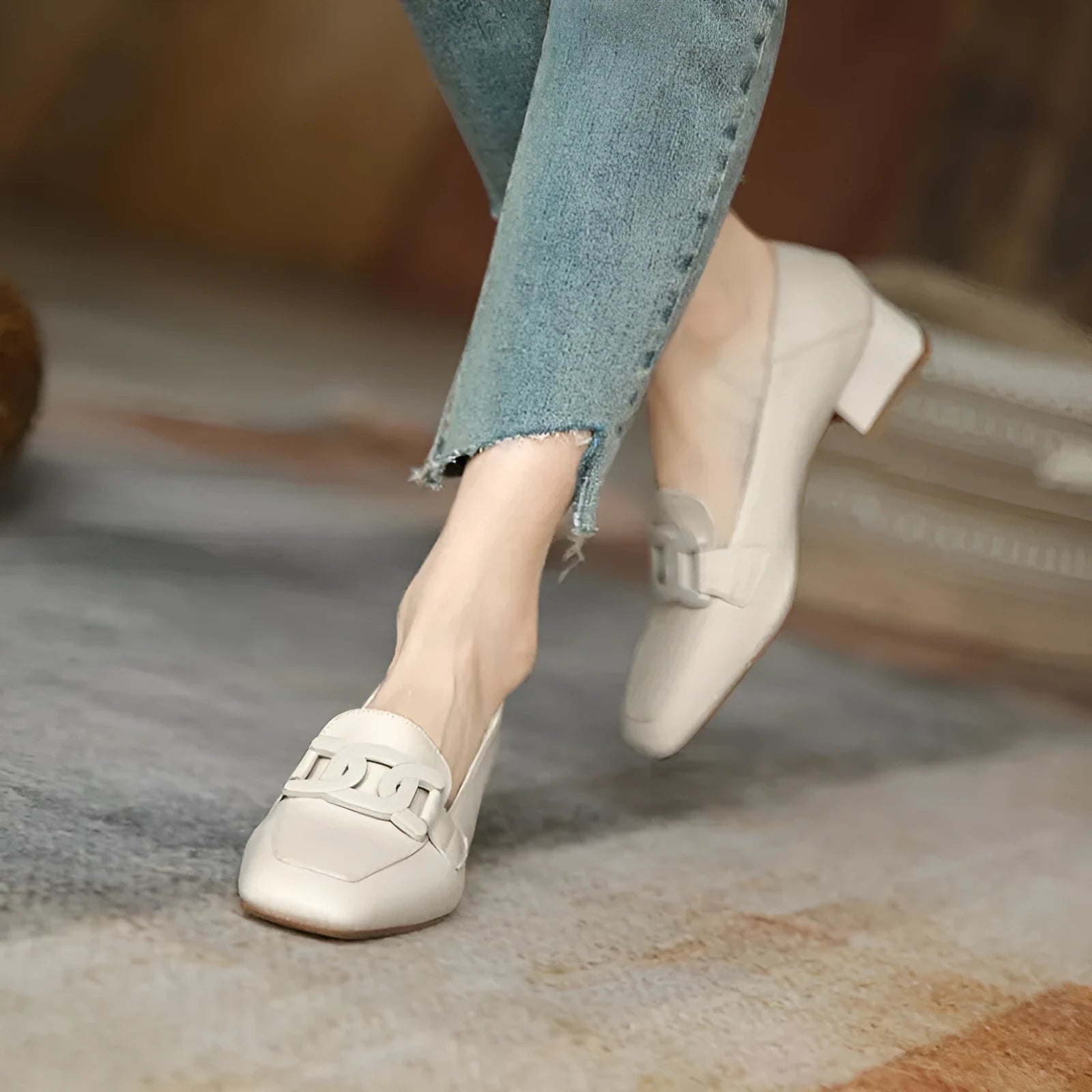 British style chunky heel pumps women's loafer square toe solid colour microfiber lining