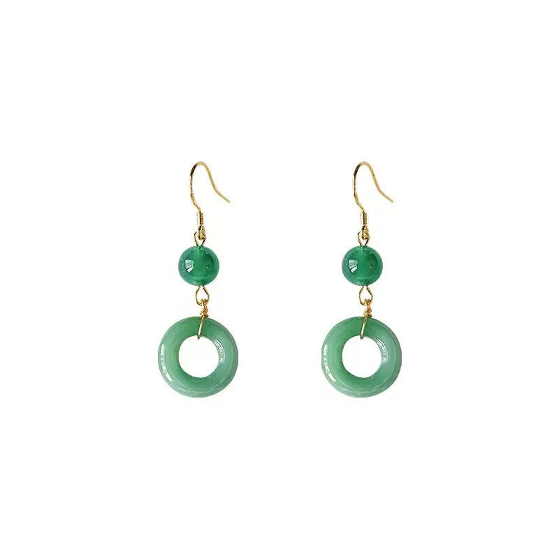 Green jade peace buckle shape earrings with zinc alloy construction and 14K gold plating