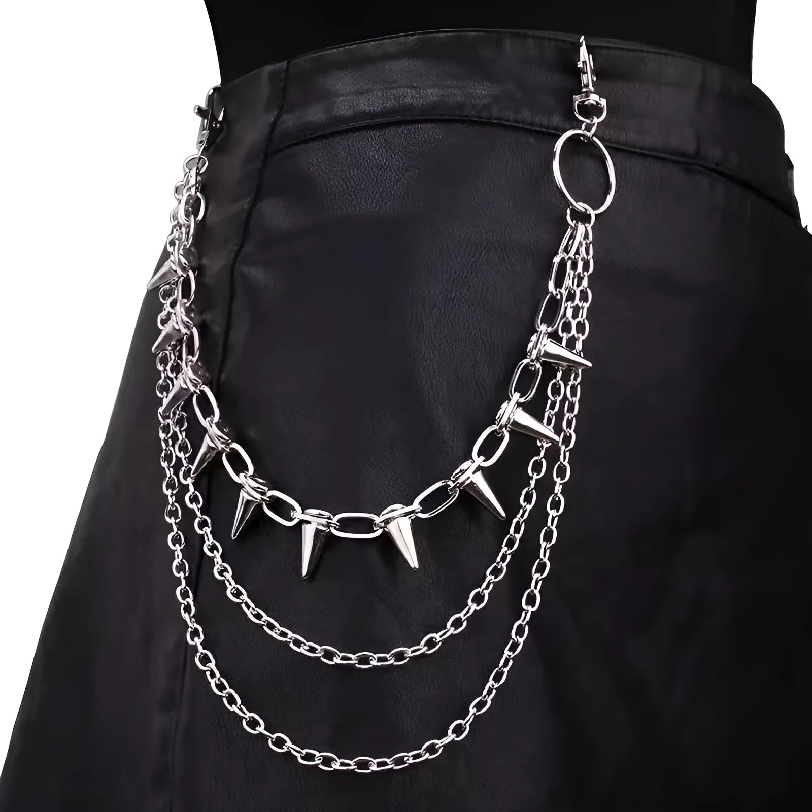 Silver metal punk pants chain with rivets and zipper detail, shown draped on trousers.