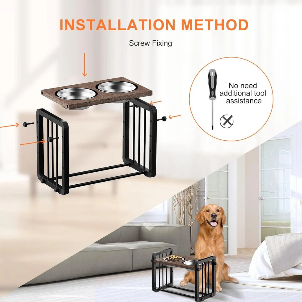 Black wooden dog bowl stand with non-slip base, holding a food and water bowl.