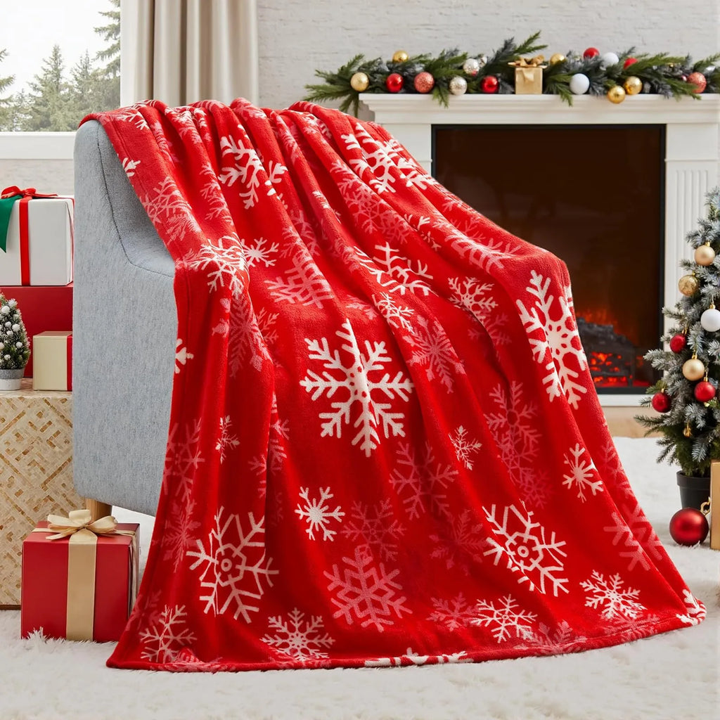 Soft flannel plush Christmas blanket in American style with polyester fibre construction, shown in various size options