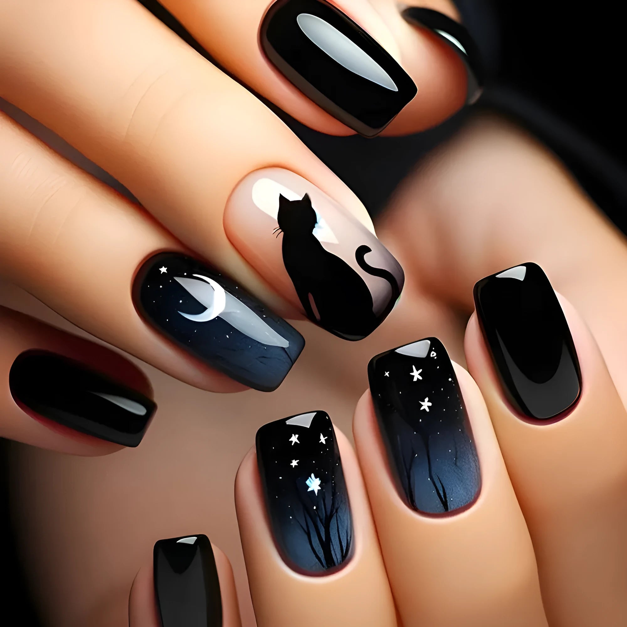 Cat Moon fake nails CW405 medium length European square shape with jelly glue
