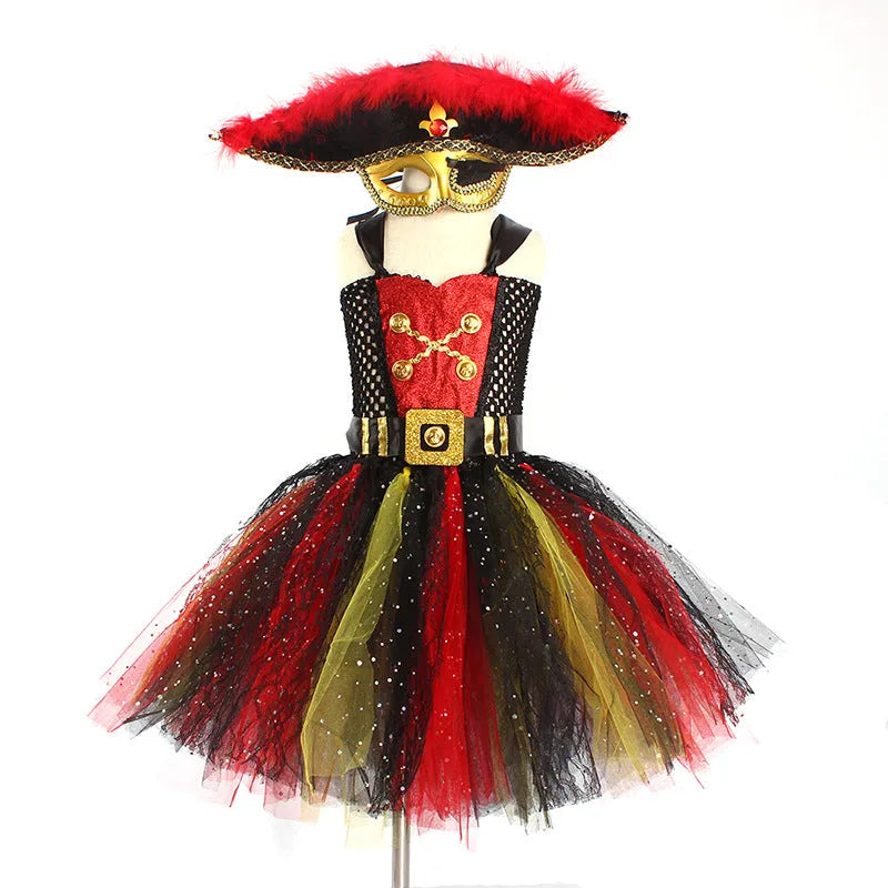 Girls pirate costume dress with sequins, mesh panels, and lace trim for Halloween