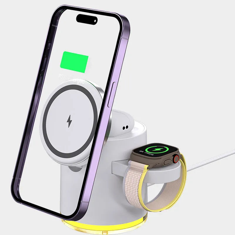 C16 multifunctional wireless charger in ivory white with folding design showing three magnetic charging areas for phone, watch, and earphones