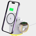 C16 multifunctional wireless charger in ivory white with folding design showing three magnetic charging areas for phone, watch, and earphones
