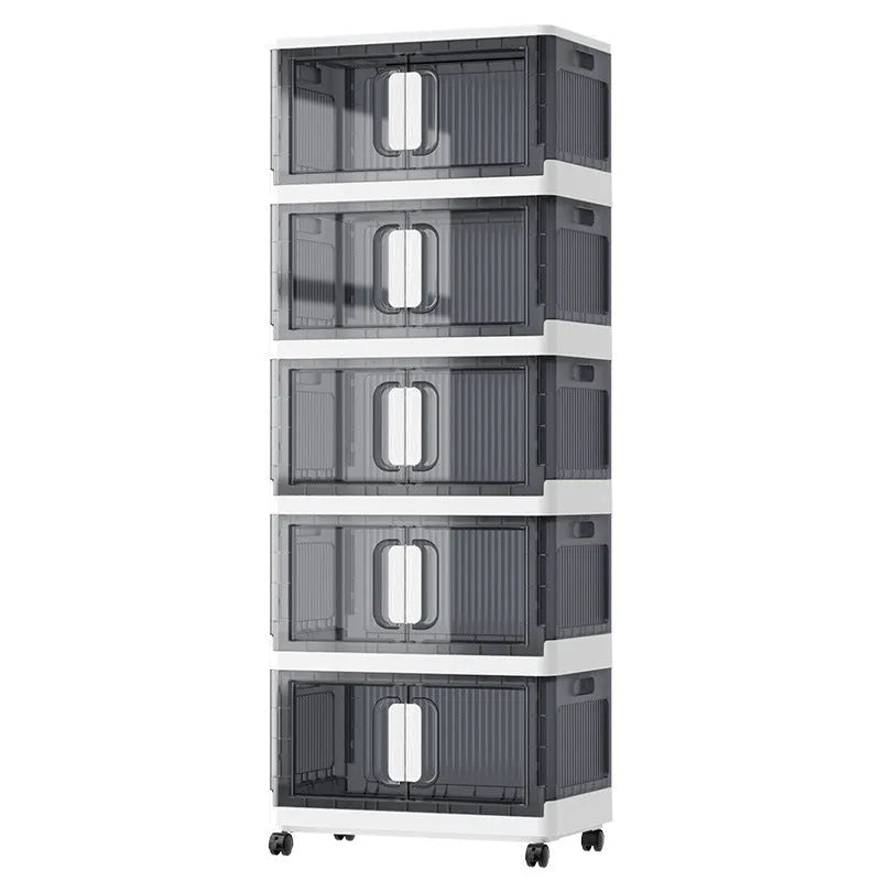 Foldable PP plastic storage locker with wheels available in white or grey with multiple layer options for shoes and toys