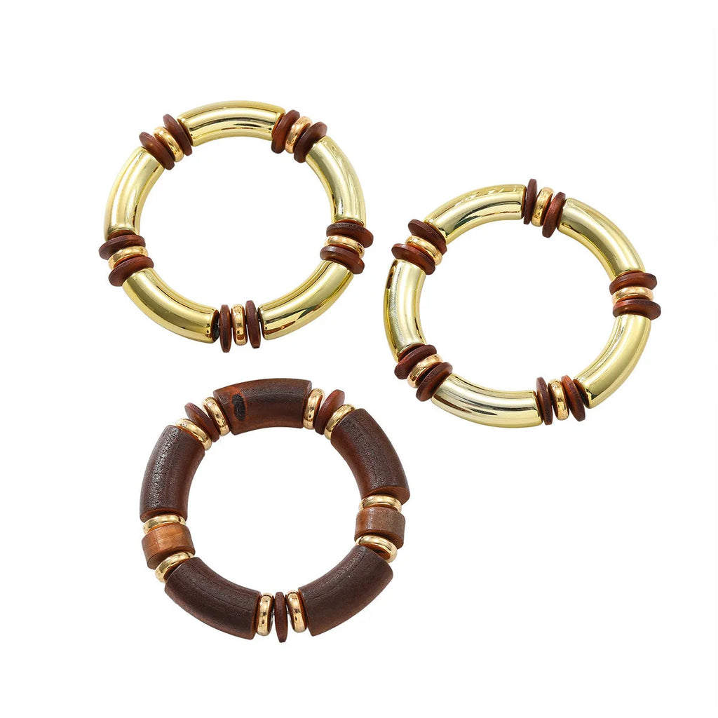 Women's alloy multi-layer wooden necklace and bracelet set with round pendants