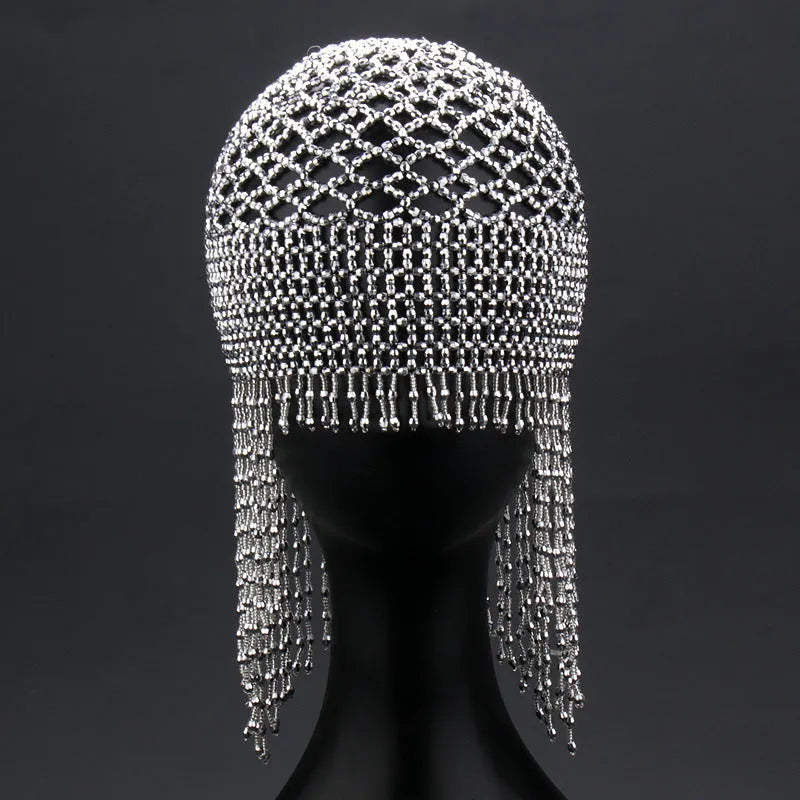 Belly dance hat with handmade beads, decorative mesh, and tassels in black or silver colour