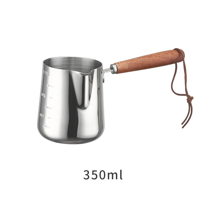Stainless steel coffee cup with wooden handle and garland pattern design