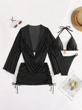Dark brown women's lace-up bikini swimsuit set, backless and sleeveless design.
