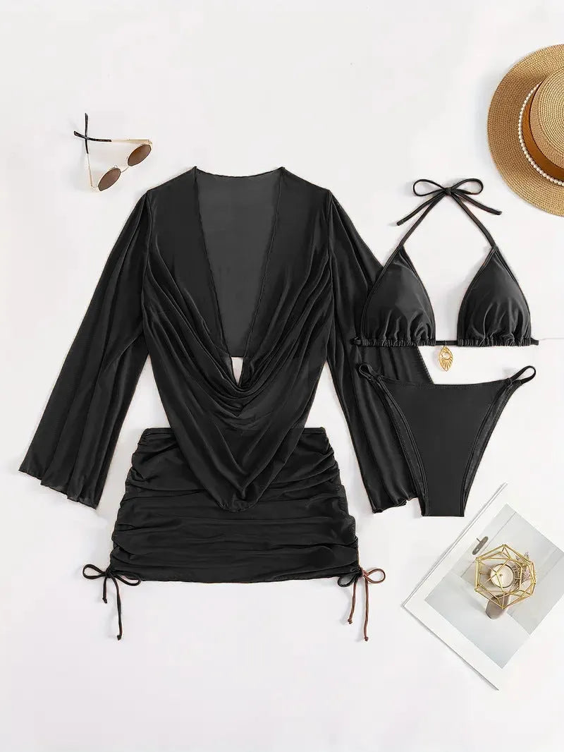 Dark brown women's lace-up bikini swimsuit set, backless and sleeveless design.