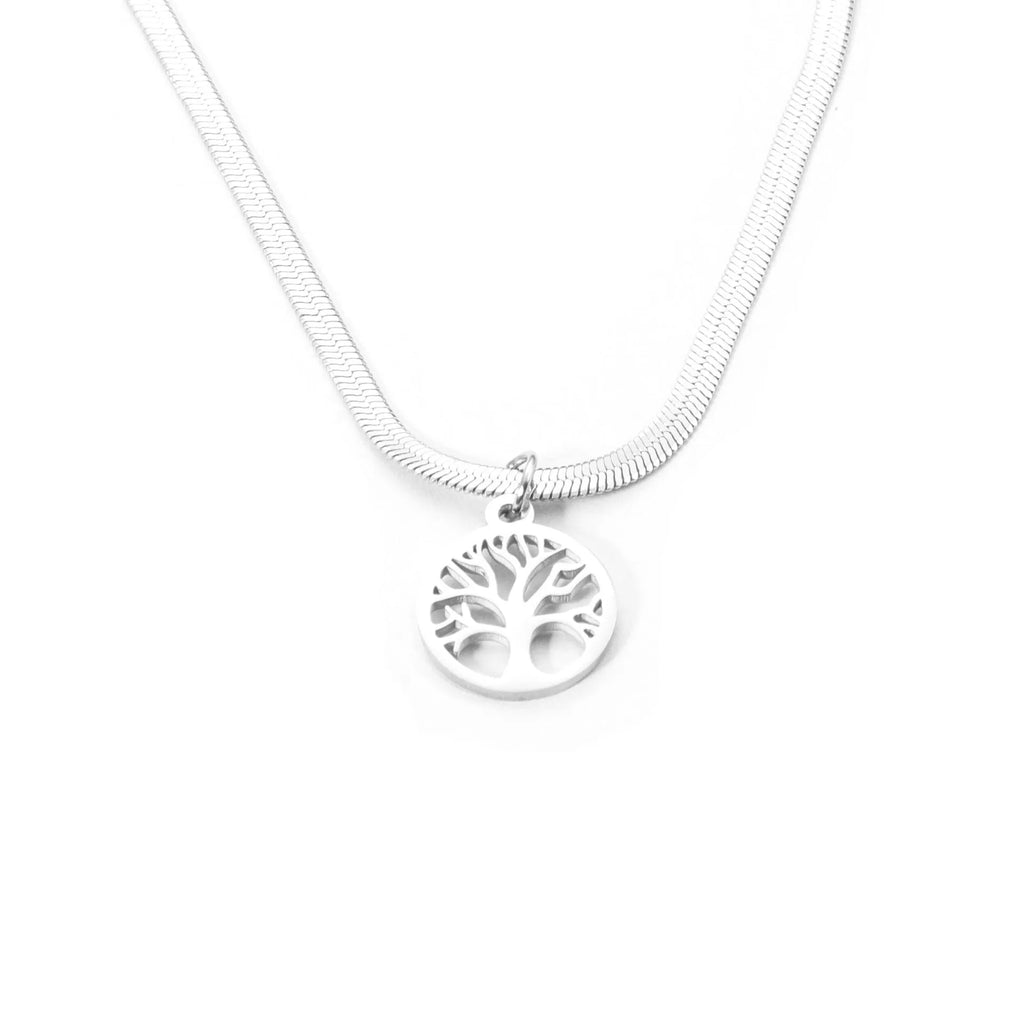 Stainless steel necklace with tree pendant on adjustable snake chain in gold and steel colours.