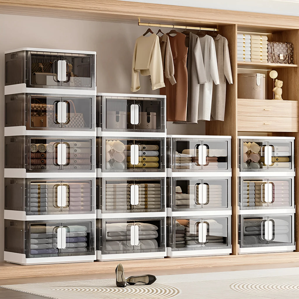Foldable PP plastic storage locker with wheels available in white or grey with multiple layer options for shoes and toys