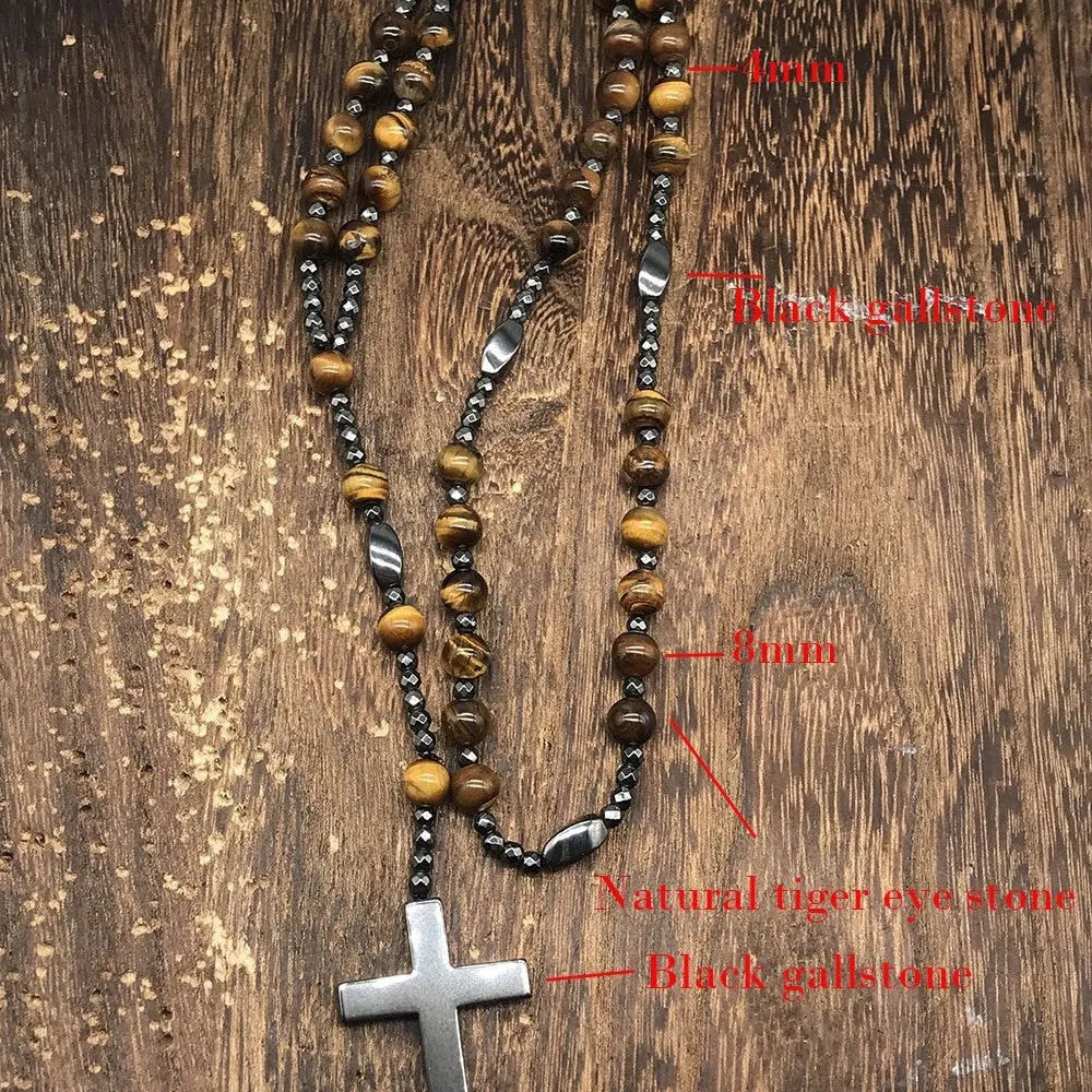 Men's cross pendant necklace with hand-woven stone geometric design on ball bead chain