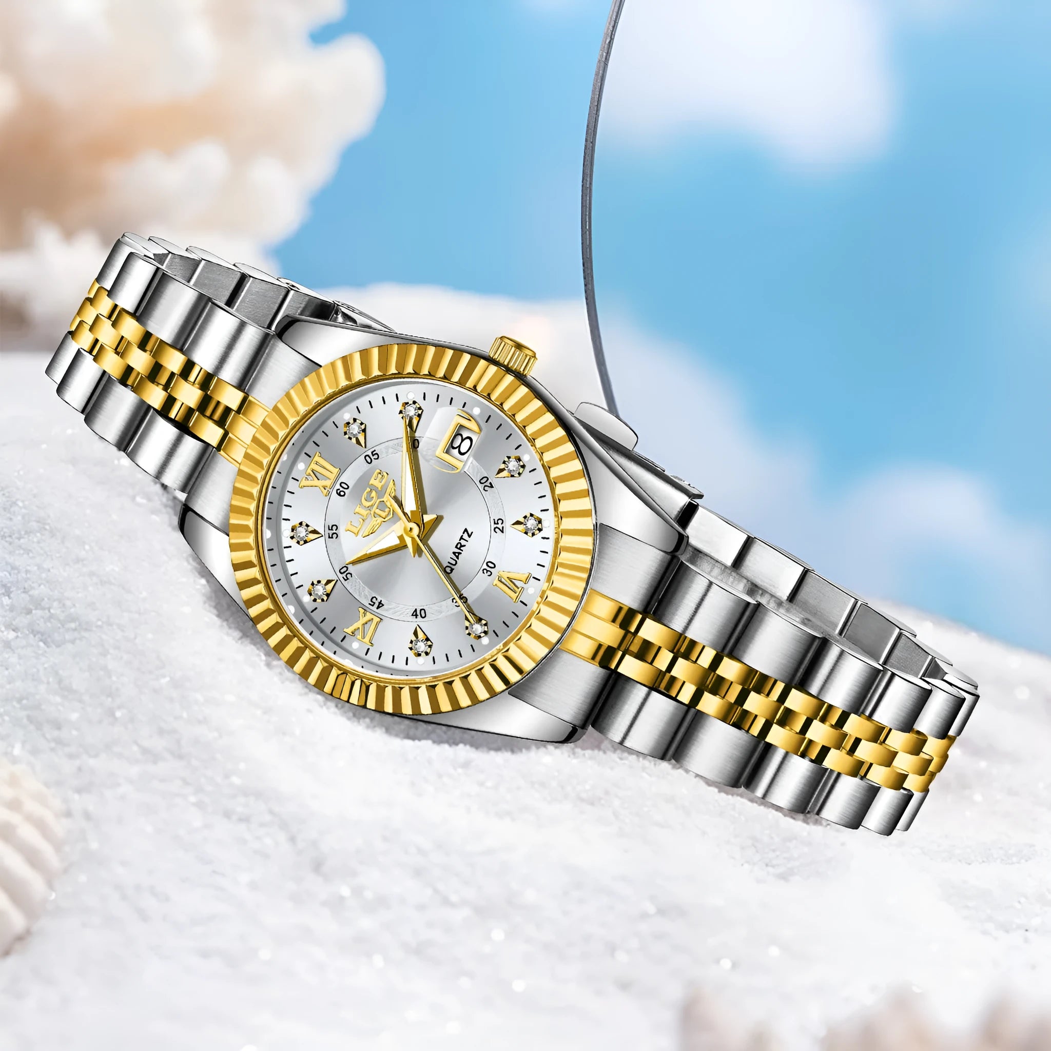 Ladies waterproof quartz fashion watch with slim 10mm profile in gold and silver colour options