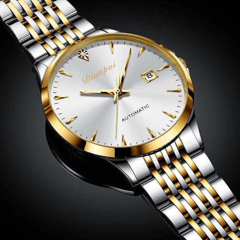 Men's automatic mechanical watch with stainless steel bracelet and simple dial
