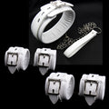 White PU sponge bondage restraint set showing handcuffs, foot cuffs, and a neck cuff.