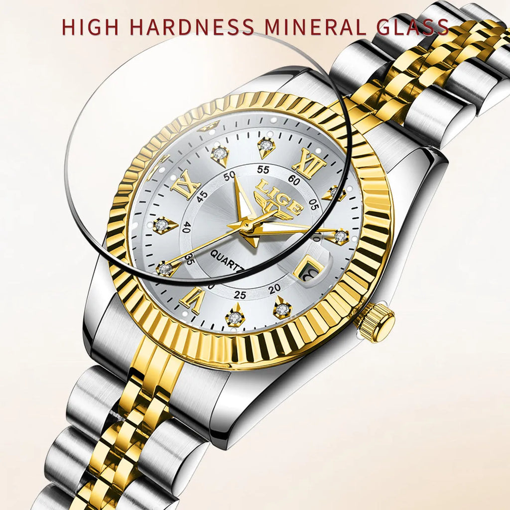 Ladies waterproof quartz fashion watch with slim 10mm profile in gold and silver colour options