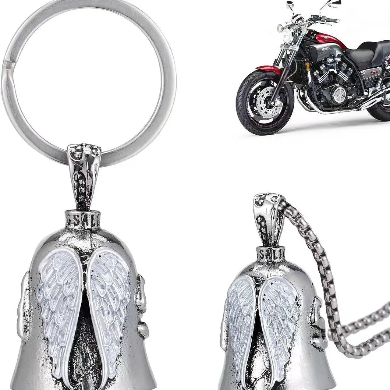 Vintage white angel wings necklace and matching keychain set with electroplated alloy finish