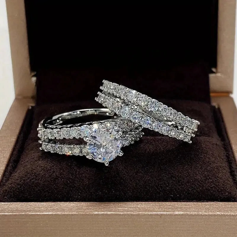 2 in 1 fully jewelled female ring set in geometric design with diamond treatment, shown in silver, gold, and rose gold colours