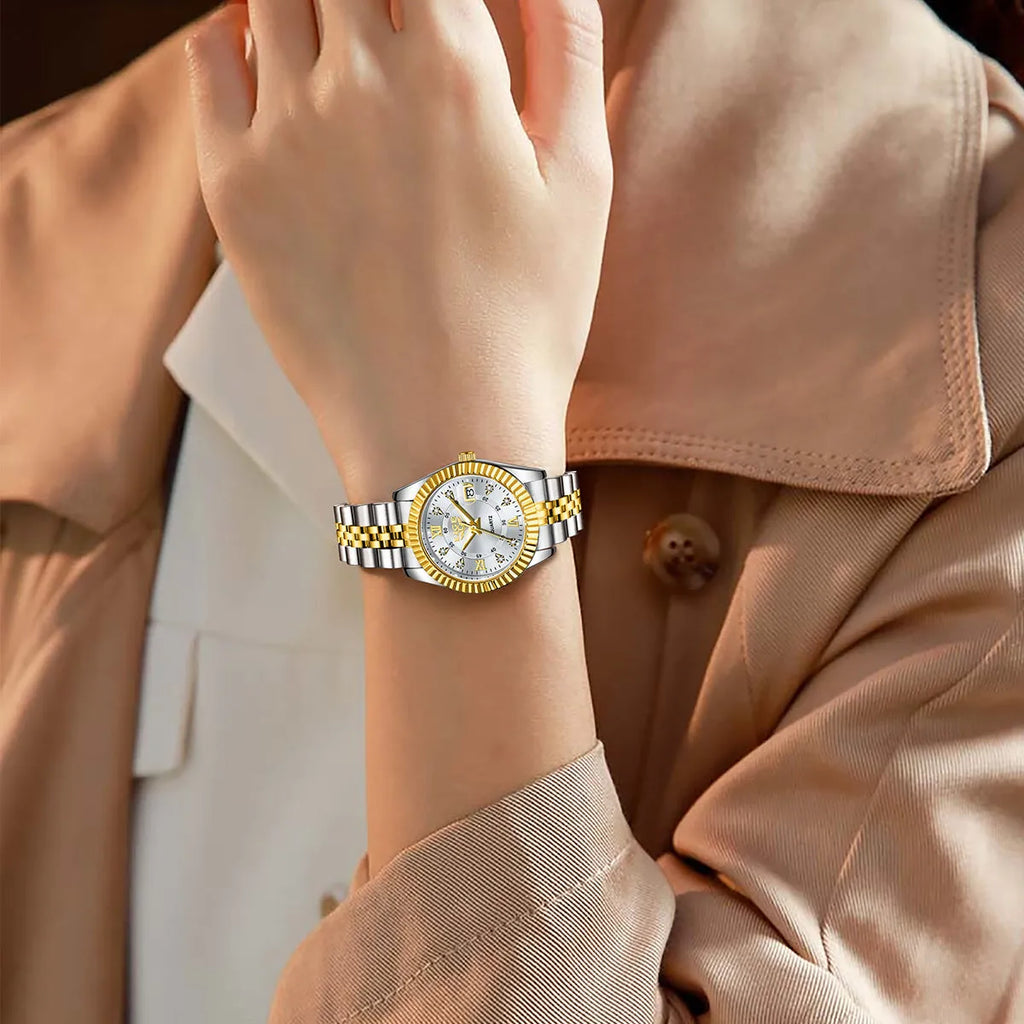 Ladies waterproof quartz fashion watch with slim 10mm profile in gold and silver colour options