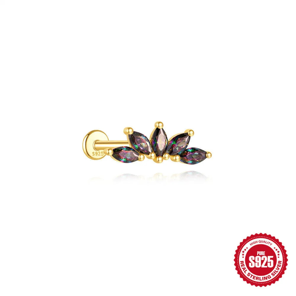S925 sterling silver earring with rainbow stone and threaded post in a gold colour.
