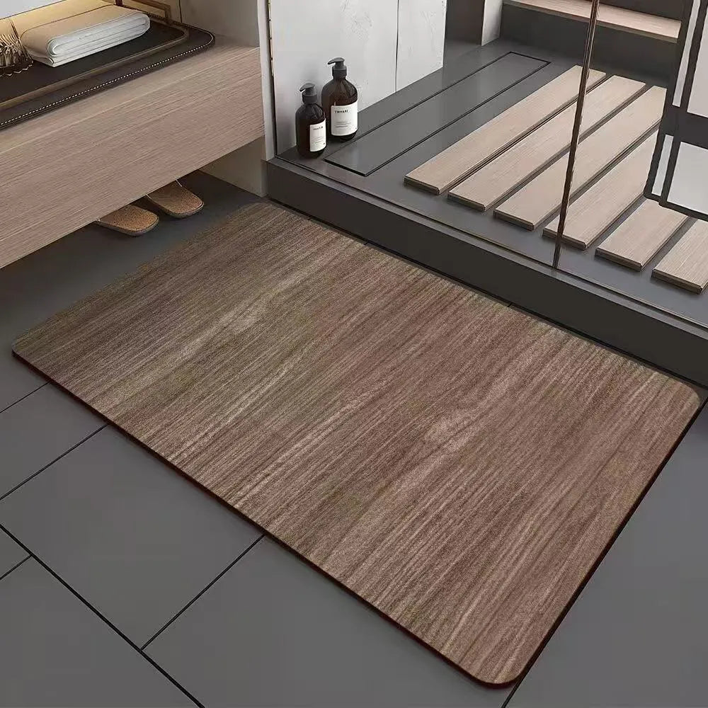 American style square diatom ooze floor mat with wood grain geometric pattern, shown in a bathroom setting.